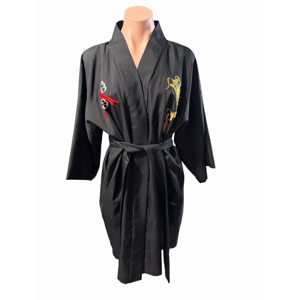 Vintage Marukyo Kyoto Tokyo Dragon Embroidered Black Kimono Robe Japan 35" VGUC